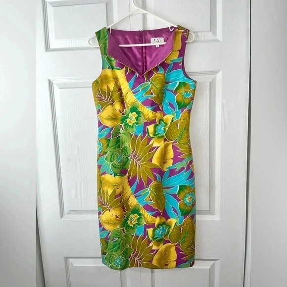 DAVID MEISTER tropical print sleeveless sheath dress vacationcore size 6 - Picture 2 of 9